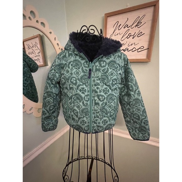 Garnet Hill reversible puffer soft super warm coat size large kids Green Purple - Picture 1 of 7